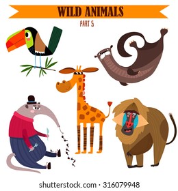 Vector set-Wild animals in cartoon style. Part 5: Toucan, baboon, giraffe, otter, anteater.
Bright children cartoon collection. - stock vector
