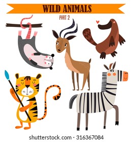 Vector set-Wild animals in cartoon style. Part 2: opossum, impala, platypus, tiger, zebra.
Bright children cartoon collection. - stock vector
