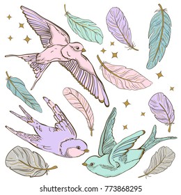 Vector setwith flying birds swallow. Suitable for textile prints, gift paper and other.
