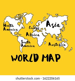 Vector  Seven continents map. North and South America, Europe, Africa ,Asia and Australia on yellow background, illustration