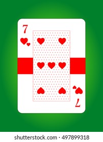 Vector of seven of hearts. Playing card. Poker card. Isolated on green background.