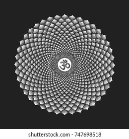 Vector seven primary crown Sahasrara chakra sanskrit seed mantra Om hinduism syllable one thousand lotus petals. Dot work tattoo hand drawn white symbol on black background for yoga and meditation.
