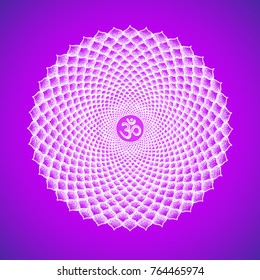 Vector seven primary crown Sahasrara chakra sanskrit seed mantra Om hinduism syllabl thousand lotus petals. Dot work tattoo hand drawn white symbol on violet background for yoga meditation