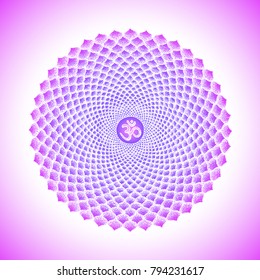 Vector seven primary crown Sahasrara chakra sanskrit seed mantra Om hinduism syllabl thousand lotus petals. Dot work tattoo hand drawn white symbol on violet background for yoga meditation
