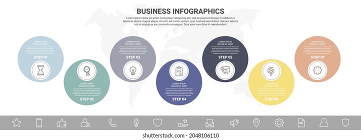 Vector infografías de siete pasos de círculos con iconos. Concepto de línea de tiempo moderna para gráficos, niveles, web, diagrama, banner, presentaciones, negocios, diagrama
