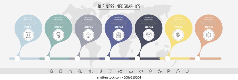 Vektorgrafiken mit sieben Stufen aus Kreisen mit Symbolen. Modernes Timeline-Konzept für Diagramm, Level, Web, Diagramm, Banner, Präsentationen, Business, Diagramm