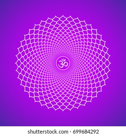 Vector seventh crown Sahasrara one thousand petals lotus chakra with hinduism sanskrit seed mantra Om. Outline contour white monochrome symbol with isolated violet background for meditation and yoga 
