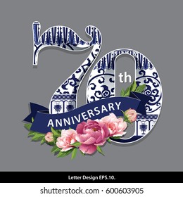 Vector Seventy Years Anniversary Celebration Design. Traditional Oriental  Chinese porcelain style.
