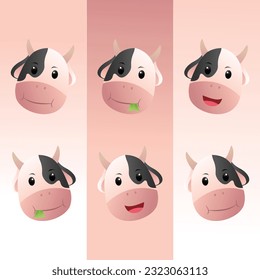 vector several cow faces with different expressions