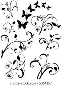 Vector Several different leaf floral design elements. Also Butterflies fluttering around. Black on a white background.