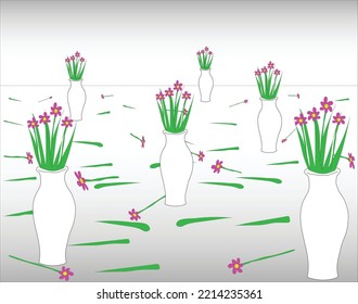 vector of several flower vases with falling flowers and leaves decoration