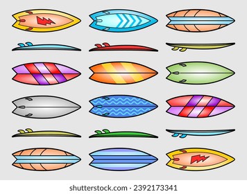 Vector of several horizontal surfboards, different models and positions, different types of gradients with summer colors