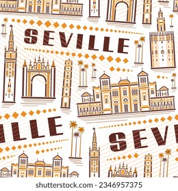 Vector Seville Seamless Pattern, square repeat background with illustration of famous european seville city scape on white background, decorative line urban historical poster with brown text seville