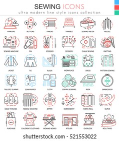 Vector Sewing color line outline icons for apps and web design. Sewing techmology elements icons