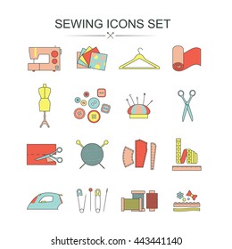 Vector sewing colorful line icon set isolated. Tailor craft objects. Atelier equipment illustration. Seamstress design collection. Sewing machine, pin iron mannequin scissors hanger tape button needle