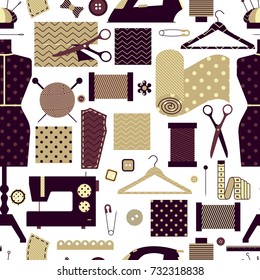 Vector sewing colorful line icons seamless pattern. Tailor craft objects. Atelier equipment illustration. Seamstress design collection. Sewing machine pin iron mannequin scissors hanger tape button.
