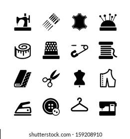 Vector sewing equipment and needlework icon set