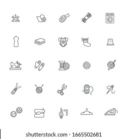 Vector sewing equipment and needlework icons line set