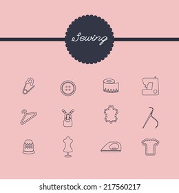 Vector sewing equipment and needlework icons set