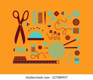 Vector sewing equipment and needlework icons set.