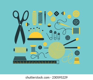 Vector sewing equipment and needlework icons set.