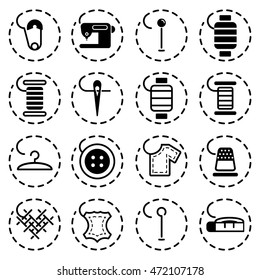 Vector sewing equipment and needlework icons set in line style. Black on white.