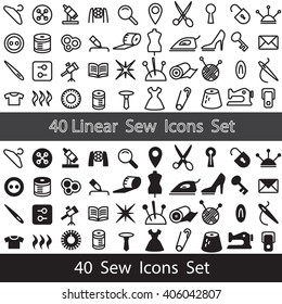 Vector sewing equipment outlined and fashion icons set 