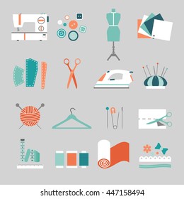Vector sewing flat icon set isolated. Tailor craft objects. Atelier equipment illustration. Sewing set symbols. Sewing machine pin iron mannequin scissors hanger tape button needle
