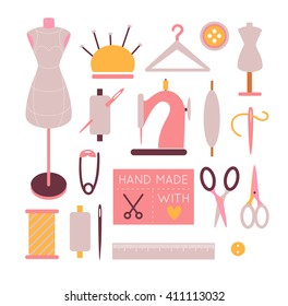 Vector sewing icons arranged in a square shape. Modern trendy line illustration. Tailoring background for logo, web and print designs.