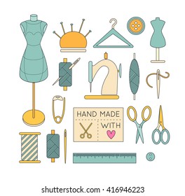 Vector sewing icons arranged in a square shape. Modern trendy line illustration. Tailoring background for logo, web and print designs.