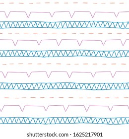 Vector sewing machine stitches seamless pattern. Hand drawn illustration of colorful thread stitched on white background.