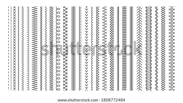 Vector sewing machine stitches. Seamless sewing\
seam lines pattern for fabric structure. Embroidery cloth edge\
texture. Stitching seams, stitched sew isolated on white\
background.  Fashion seam\
brush