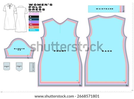 Vector sewing pattern of a women’s polo dress, graded from XS to XXXL. Includes front, back, sleeves, waistband, pockets, and placket. Ideal for fashion designers creating modern apparel