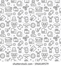 Vector sewing seamless pattern with thin line icons of tailor, iron, pin, cloth isolated on white. Simple texture background design. 