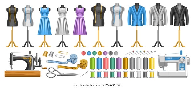 Vector Sewing Set, lot collection of various cut out illustrations of elegant clothes on stand dummies, horizontal banner with sewing handicraft tools and different sewing machine on white background
