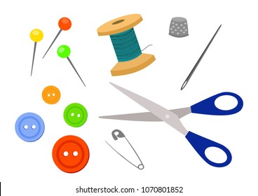 Vector sewing set: spool, thimble, pins, needle, buttons, safety pin, scissors