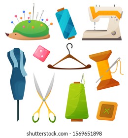Vector sewing tools. Kit for needlework and embroidery. Illustration with needle, thread, scissors, buttons, pin, spool. Hobby accessories. Tailoring fashion pin craft needlework. Vector illustration