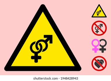 Vector sex symbol flat warning sign. Triangle icon uses black and yellow colors. Symbol style is a flat sex symbol attention sign on a pink background. Icons designed for careful signals, road signs,