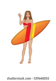 Vector sexy brown-haired attractive young girl in red bikini swimsuit. Full-length isolated illustration. Poses and emotions. Happy sporty woman greets and waves and holds surfboard in her hand.