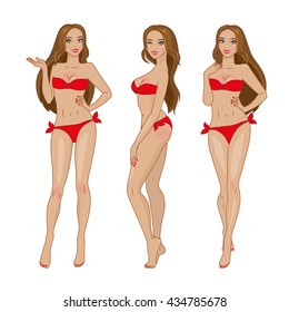 Vector sexy brown-haired girl in red bikini swimsuit. Full body 
full-length illustration of attractive young women. Set of poses and emotions.