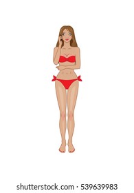 Vector sexy brown-haired girl in red bikini swimsuit. Full-length isolated illustration of attractive young women on white background. Poses and emotions. Happy woman talks by phone.
