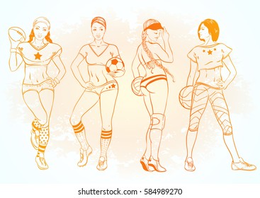 Vector sexy girls representing different kind of sport: rugby, football, volleyball, basketball. Sport girls. Bright color outlines isolated on white.