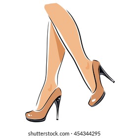 Vector sexy legs, high-heeled beige shoes. Female legs. Sexually young femininity sexy logotype, outline attractive foot,. 