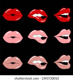 Vector sexy lips icon in red lipstick. Women's Lips are smiling. Illustration of lips in flat style