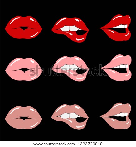 Vector sexy lips icon in red lipstick. Women's Lips are smiling. Illustration of lips in flat style