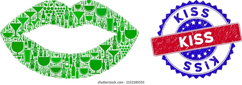 Vector sexy lips icon wine mosaic and grunge bicolor Kiss seal. Red and blue bicolored seal with grunge style and Kiss text. Sexy lips collage icon is composed with wine cups,
