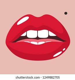 Vector sexy red lips icon in red lipstick. image Red Women's Lips are smiling. Illustration of lips in flat style.