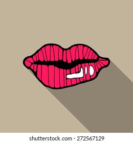 Vector Sexy Red lips. Vector illustration flat design with long shadow