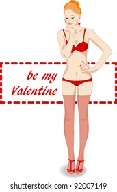 vector sexy woman with tex "be my Valentine"