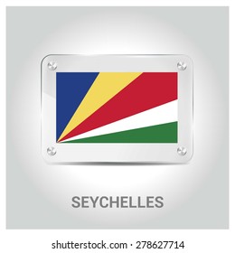 Vector Seychelles Flag glass plate with metal holders - Country name label in bottom - Gray background vector illustration